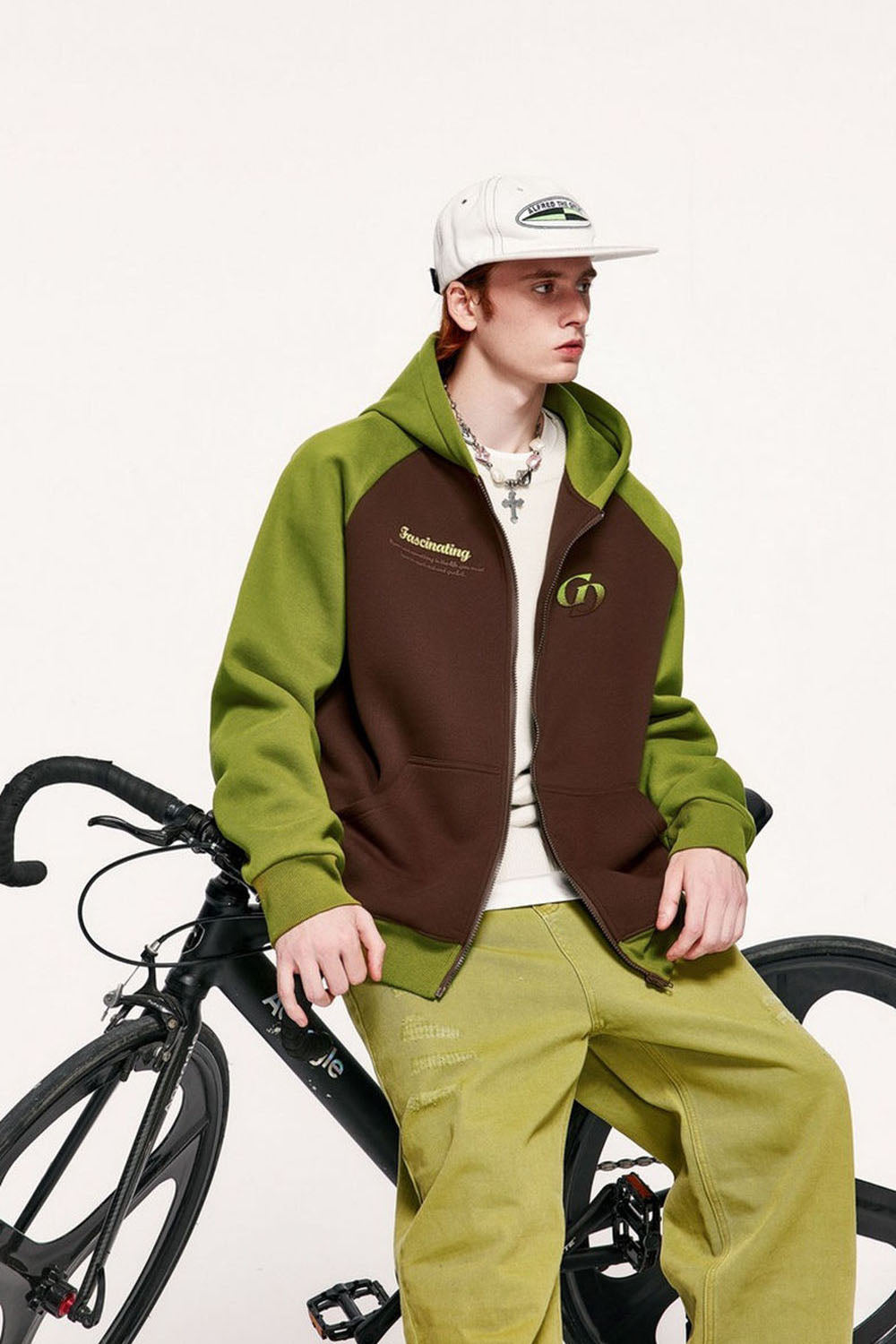 Embroidered Color-Block Drop Shoulder Hooded Zip-Up Sweatshirt Jacket