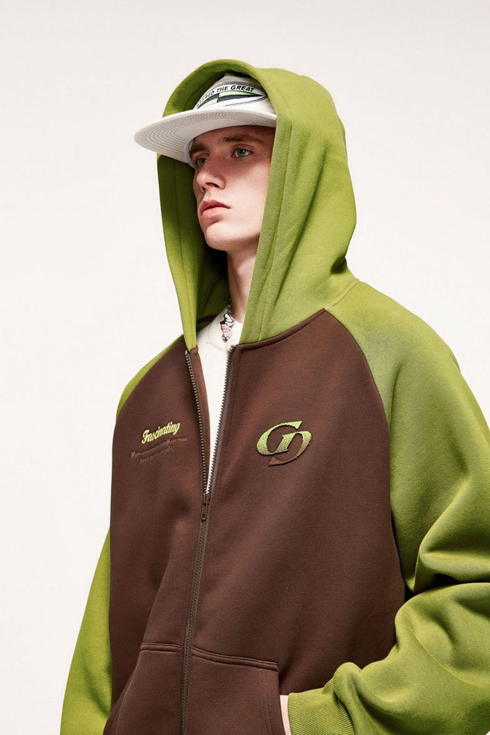 Embroidered Color-Block Drop Shoulder Hooded Zip-Up Sweatshirt Jacket