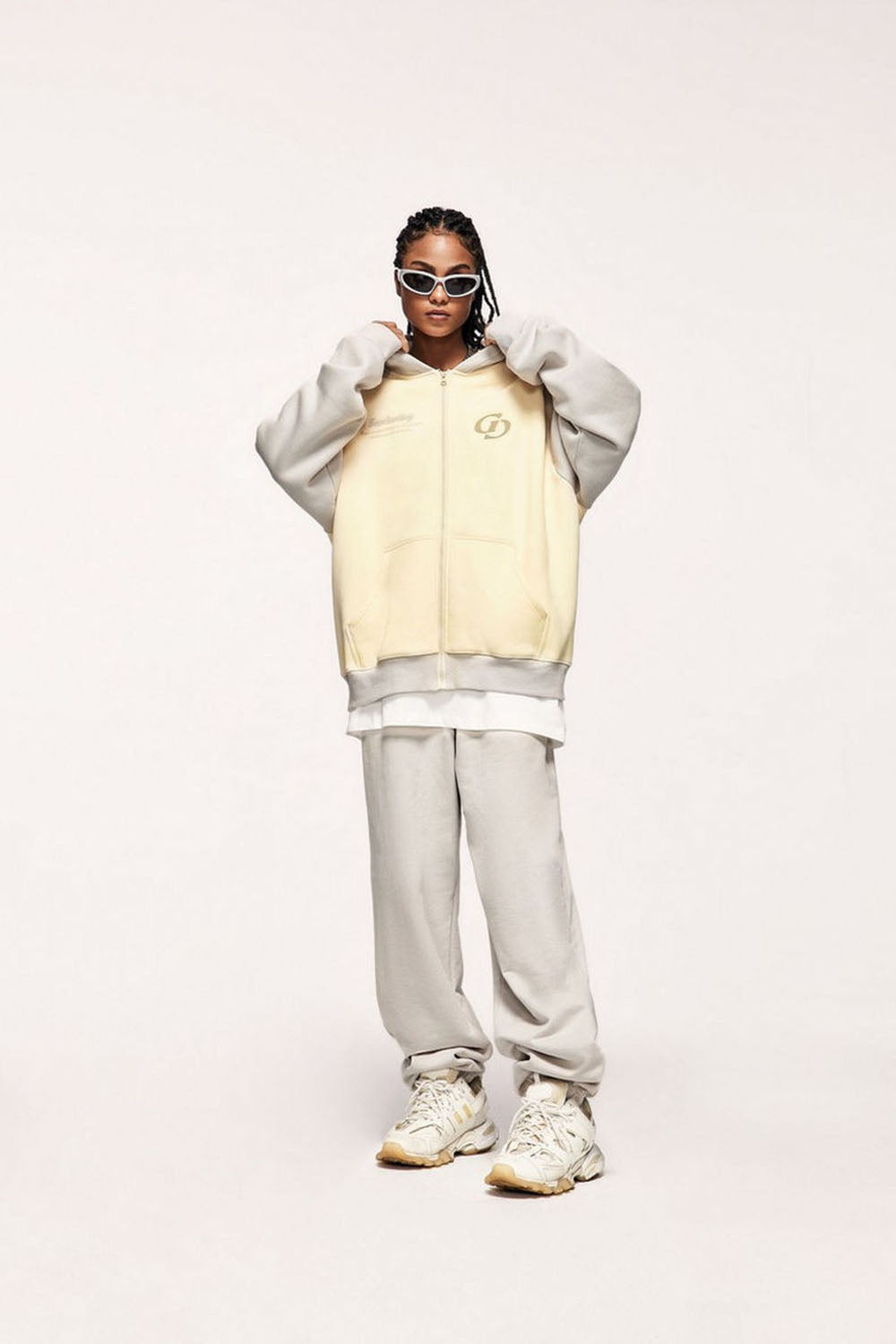 Embroidered Color-Block Drop Shoulder Hooded Zip-Up Sweatshirt Jacket