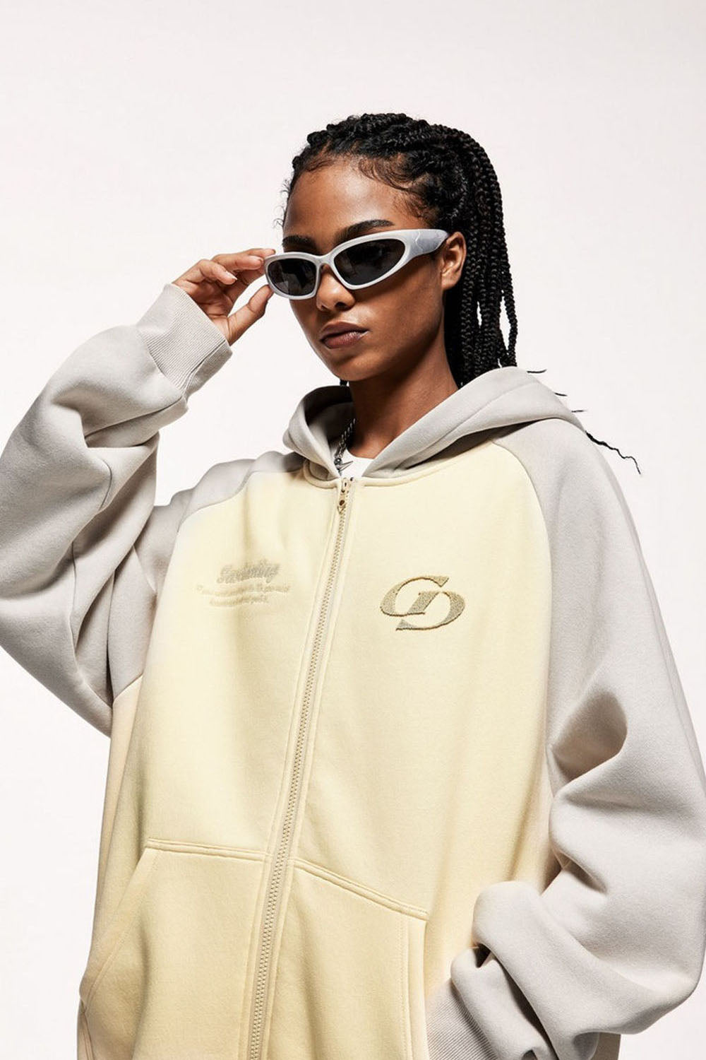 Embroidered Color-Block Drop Shoulder Hooded Zip-Up Sweatshirt Jacket