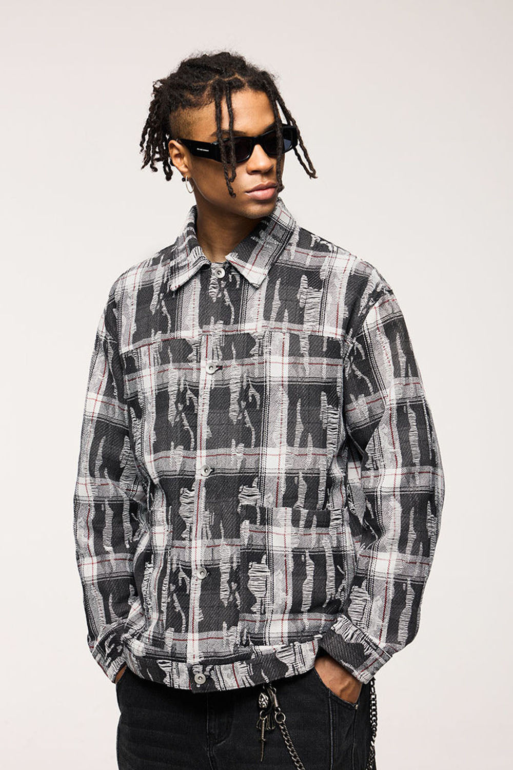 Deconstructed Plaid Shirt Jacket: Loose-Fit Casual Long Sleeve Shirt