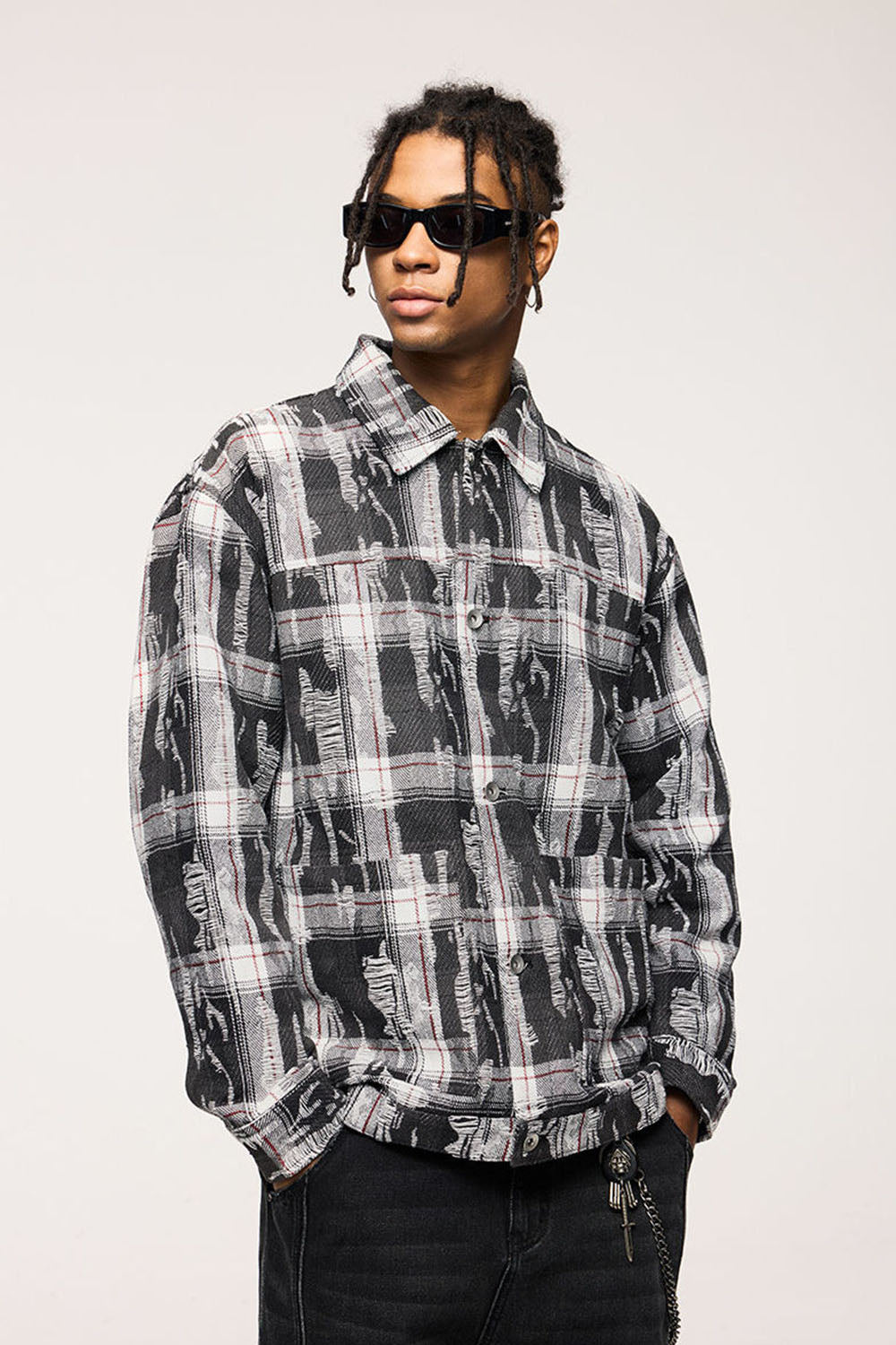Deconstructed Plaid Shirt Jacket: Loose-Fit Casual Long Sleeve Shirt