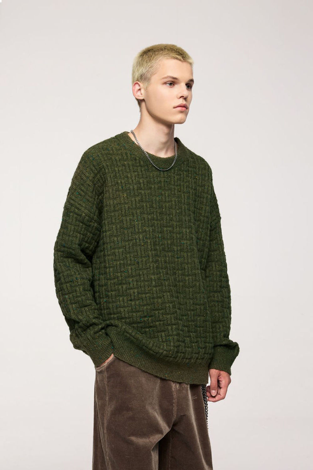 Waffle Grid Floral Yarn Sweater: Men's Loose Round Neck Soft Knit Top