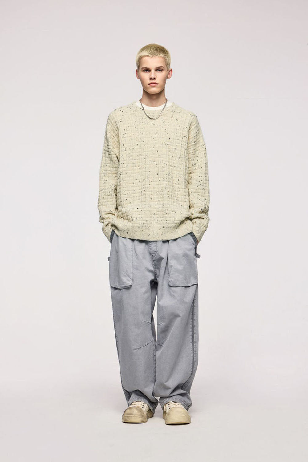 Waffle Grid Floral Yarn Sweater: Men's Loose Round Neck Soft Knit Top