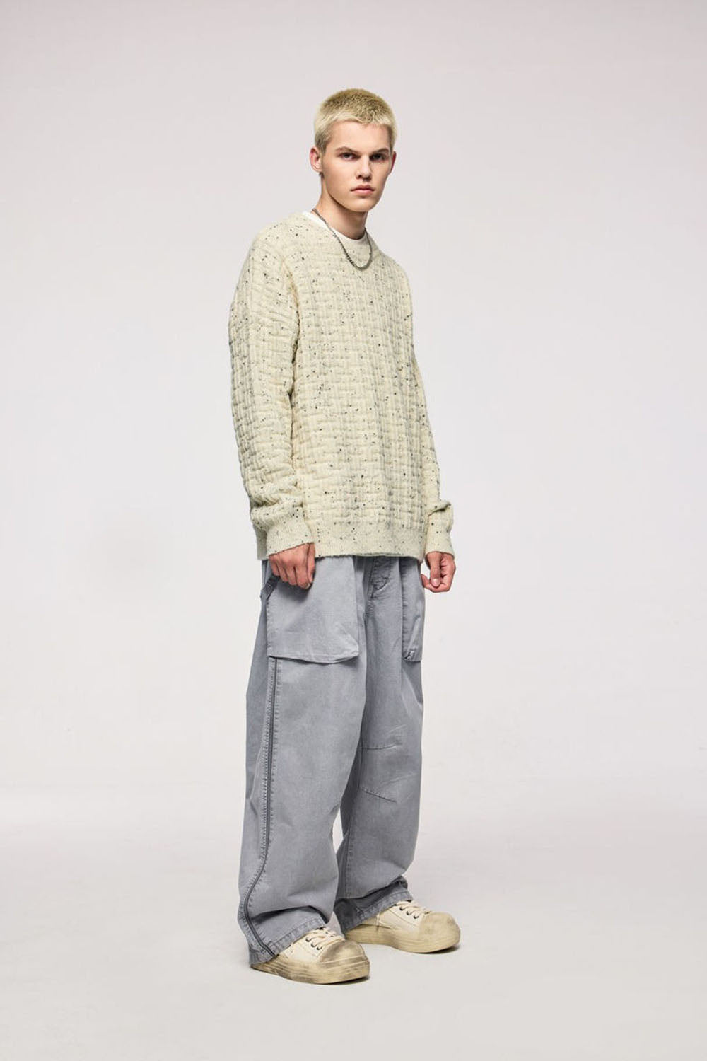 Waffle Grid Floral Yarn Sweater: Men's Loose Round Neck Soft Knit Top