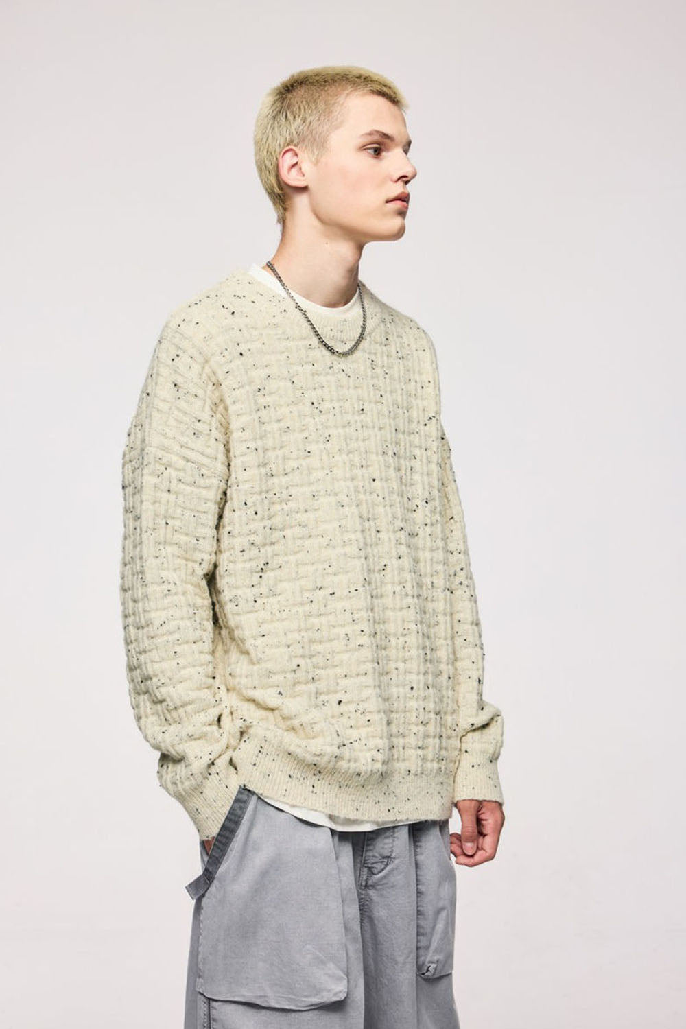 Waffle Grid Floral Yarn Sweater: Men's Loose Round Neck Soft Knit Top