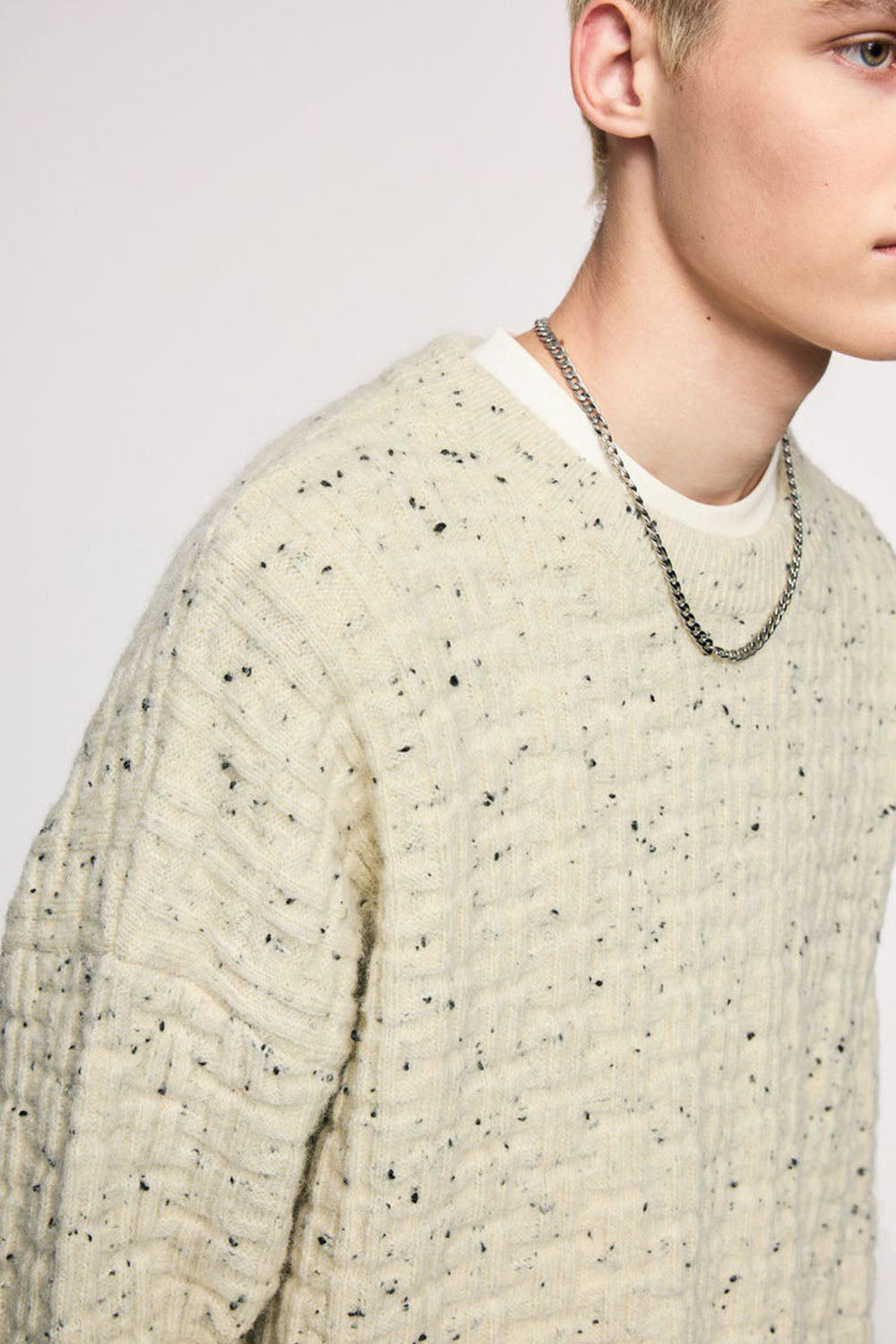 Waffle Grid Floral Yarn Sweater: Men's Loose Round Neck Soft Knit Top