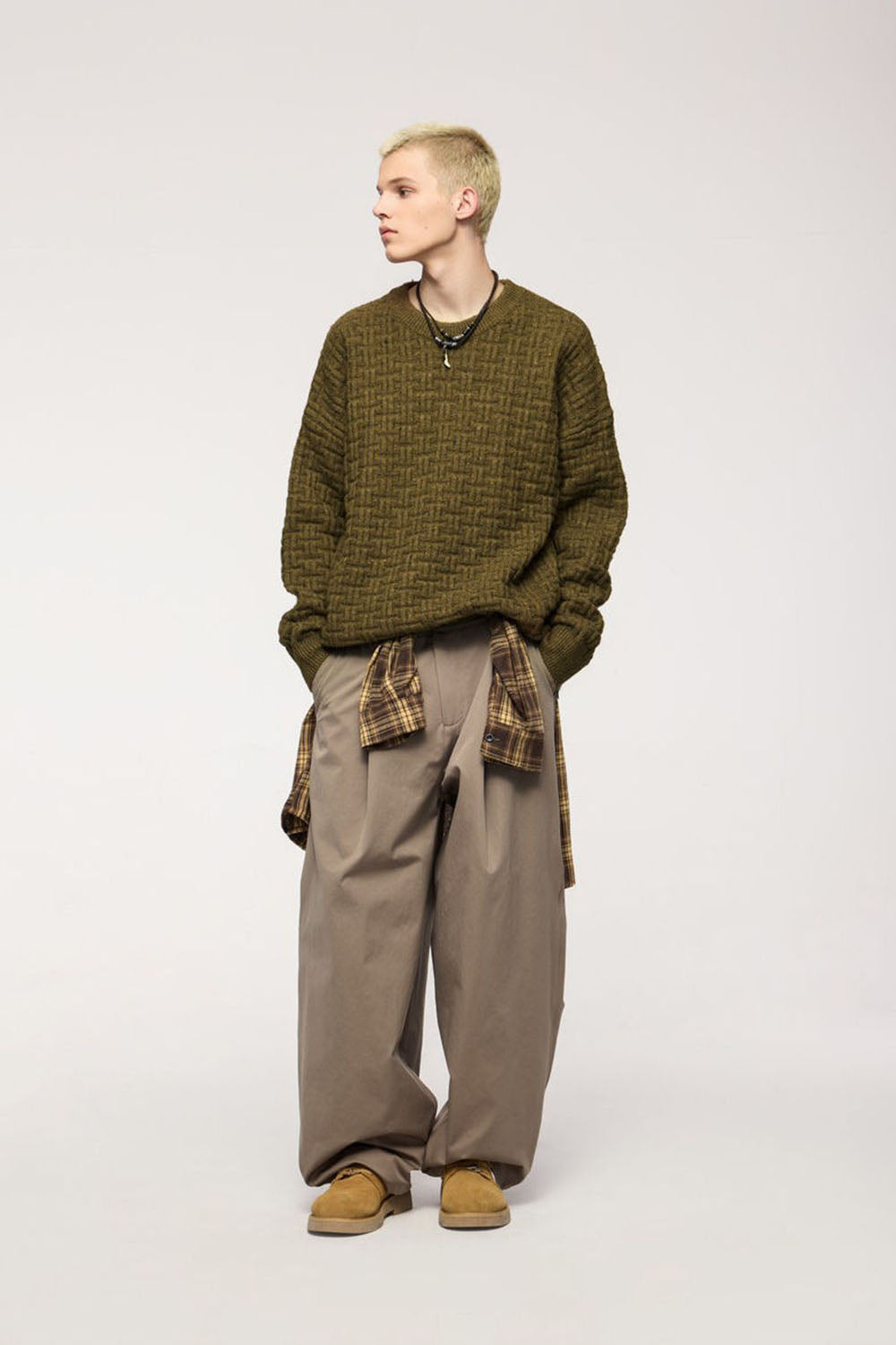Waffle Grid Floral Yarn Sweater: Men's Loose Round Neck Soft Knit Top