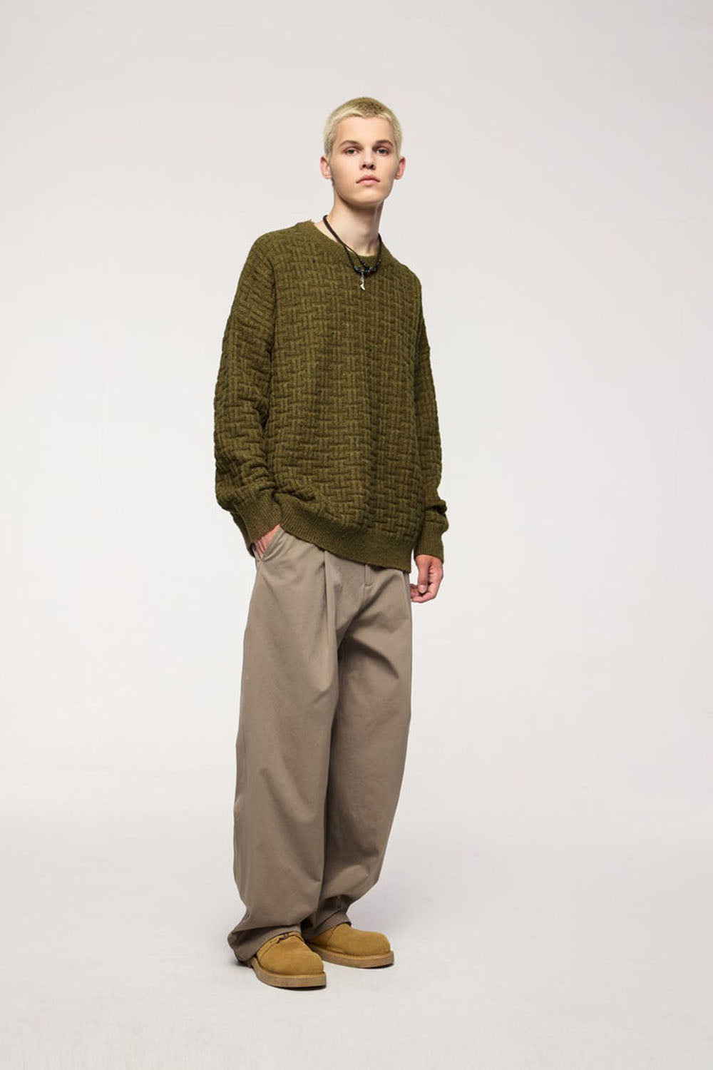 Waffle Grid Floral Yarn Sweater: Men's Loose Round Neck Soft Knit Top