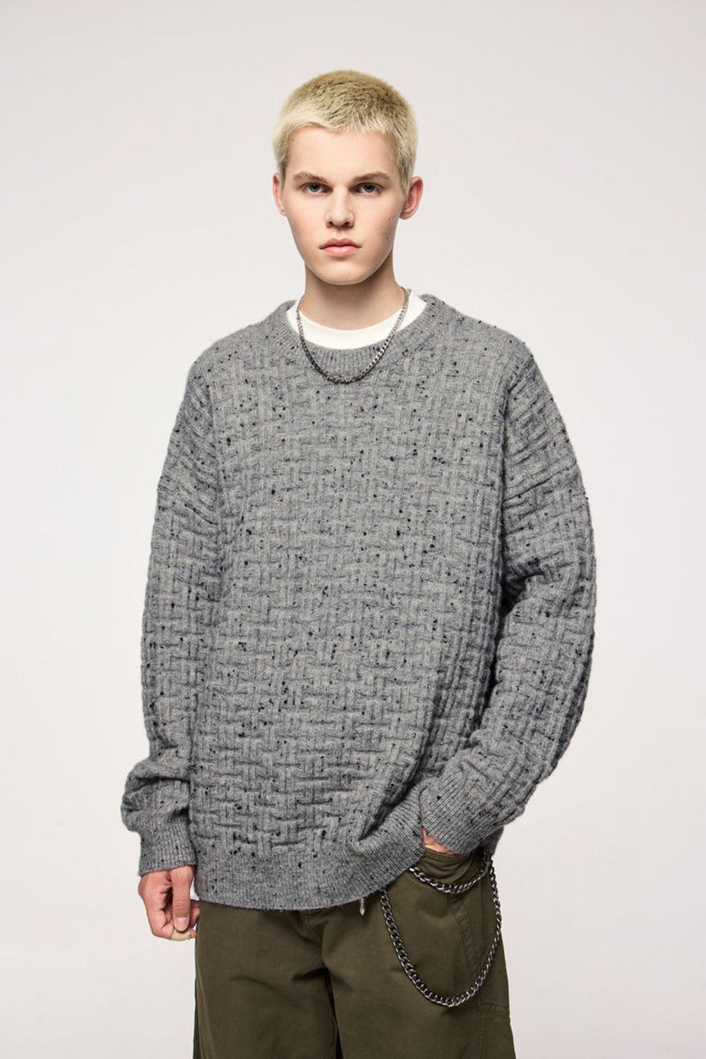 Waffle Grid Floral Yarn Sweater: Men's Loose Round Neck Soft Knit Top