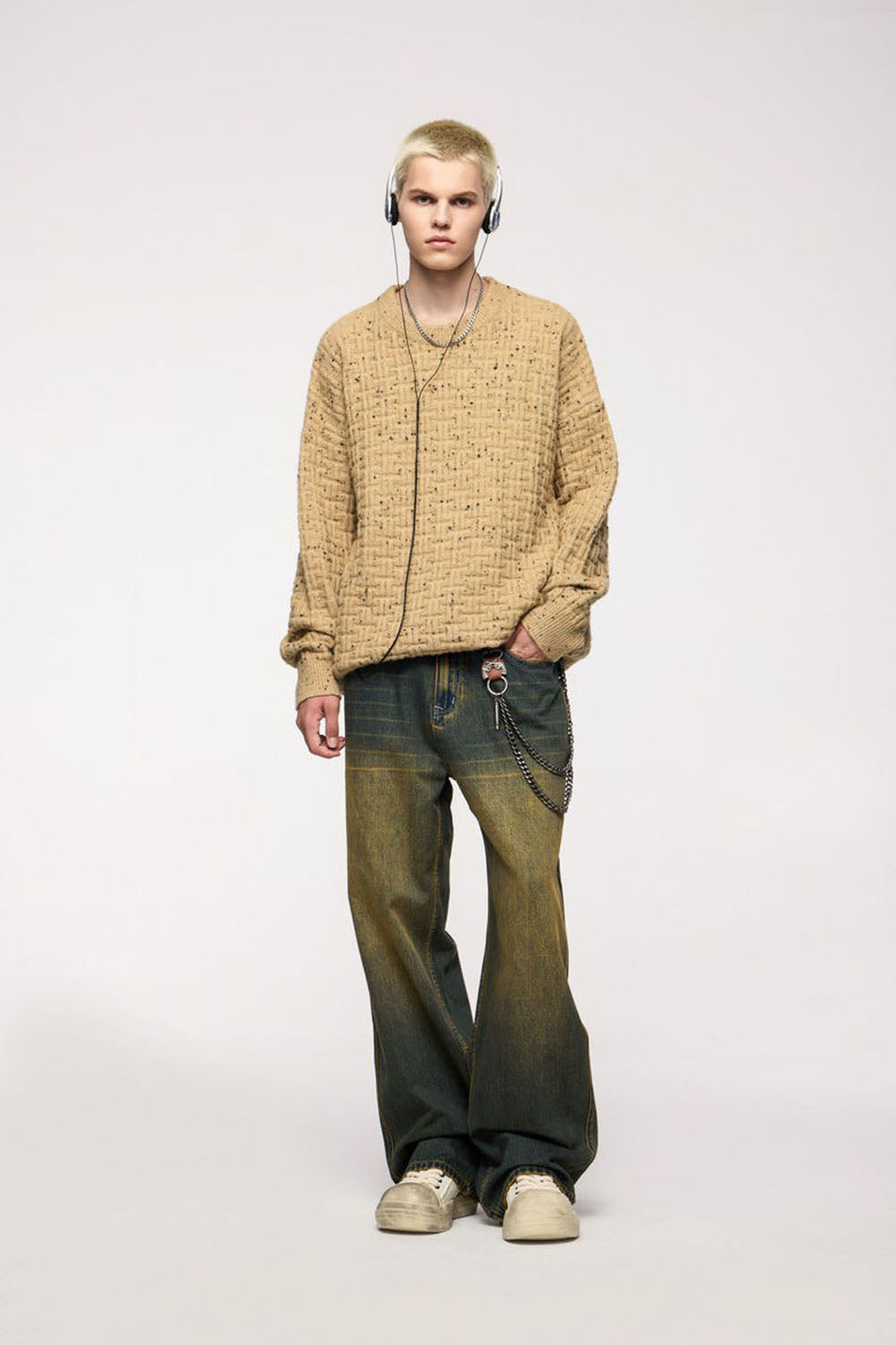 Waffle Grid Floral Yarn Sweater: Men's Loose Round Neck Soft Knit Top