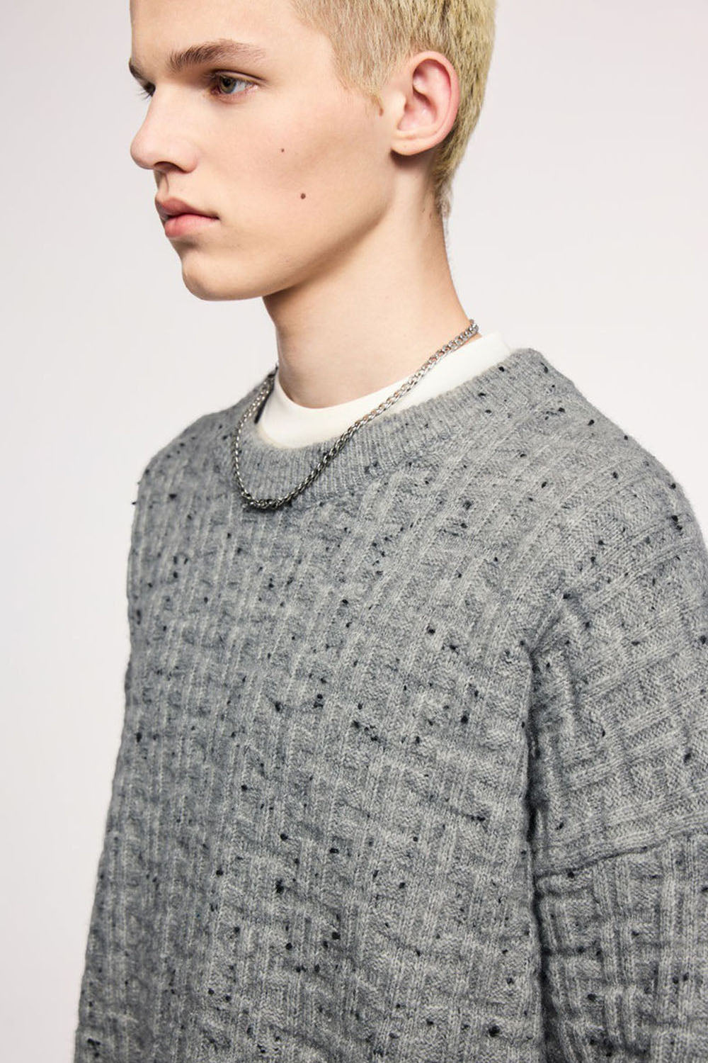 Waffle Grid Floral Yarn Sweater: Men's Loose Round Neck Soft Knit Top