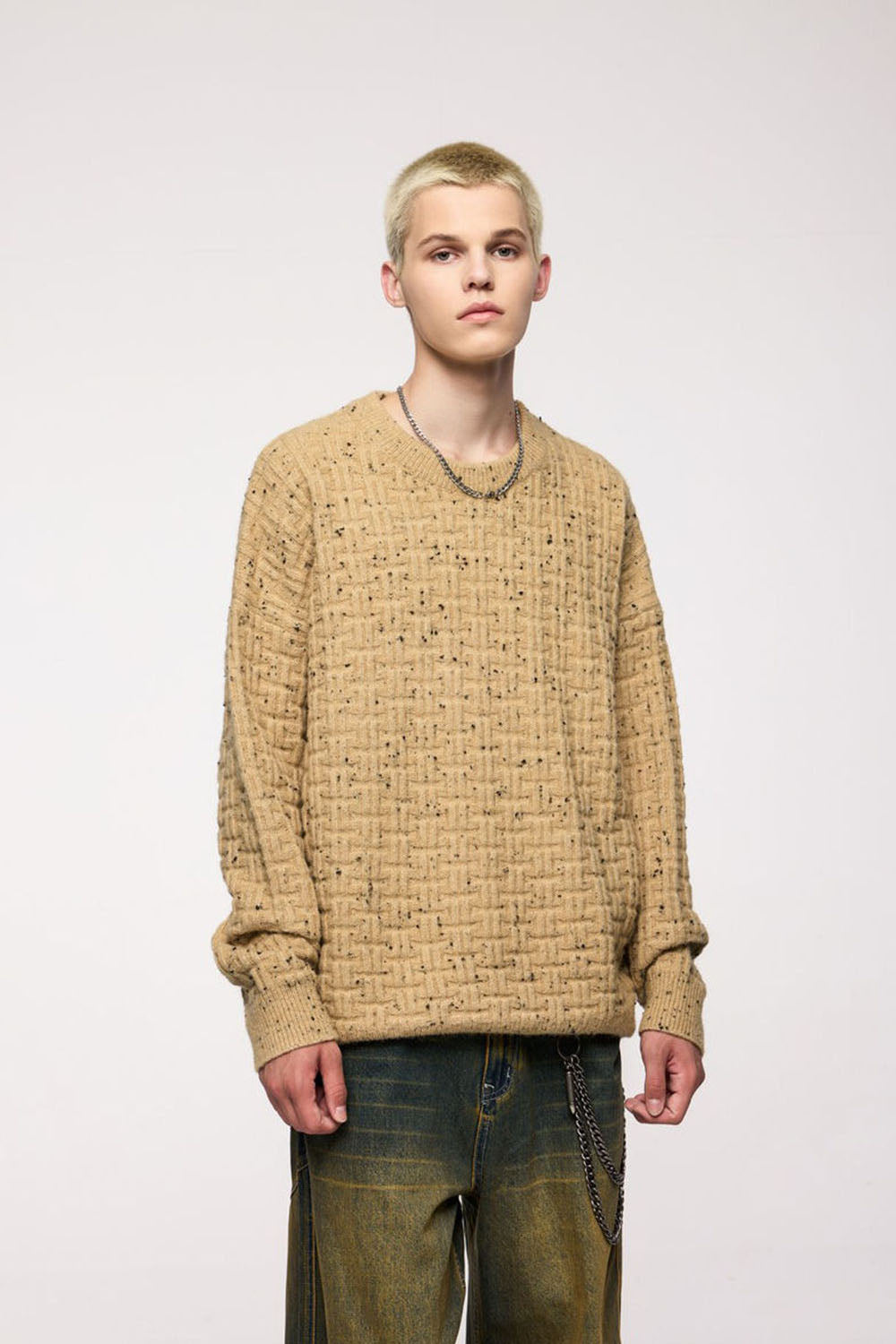 Waffle Grid Floral Yarn Sweater: Men's Loose Round Neck Soft Knit Top