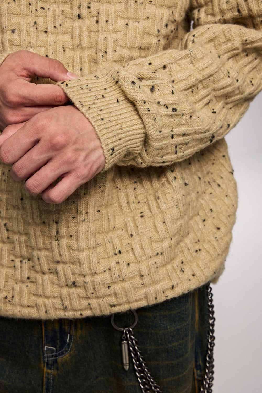 Waffle Grid Floral Yarn Sweater: Men's Loose Round Neck Soft Knit Top