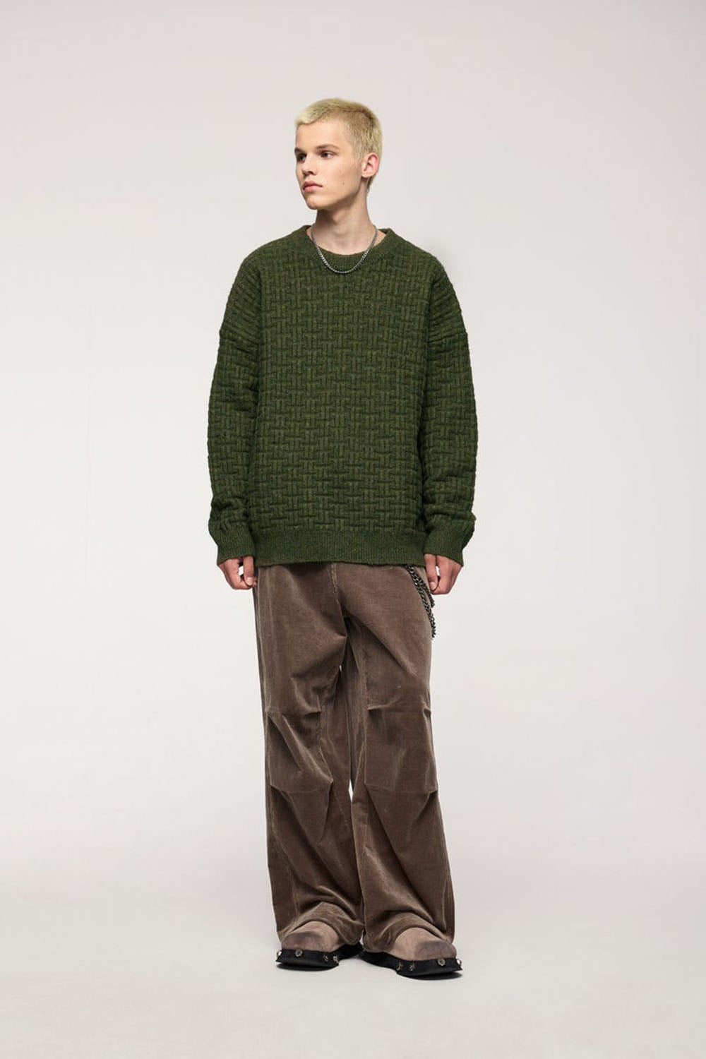 Waffle Grid Floral Yarn Sweater: Men's Loose Round Neck Soft Knit Top