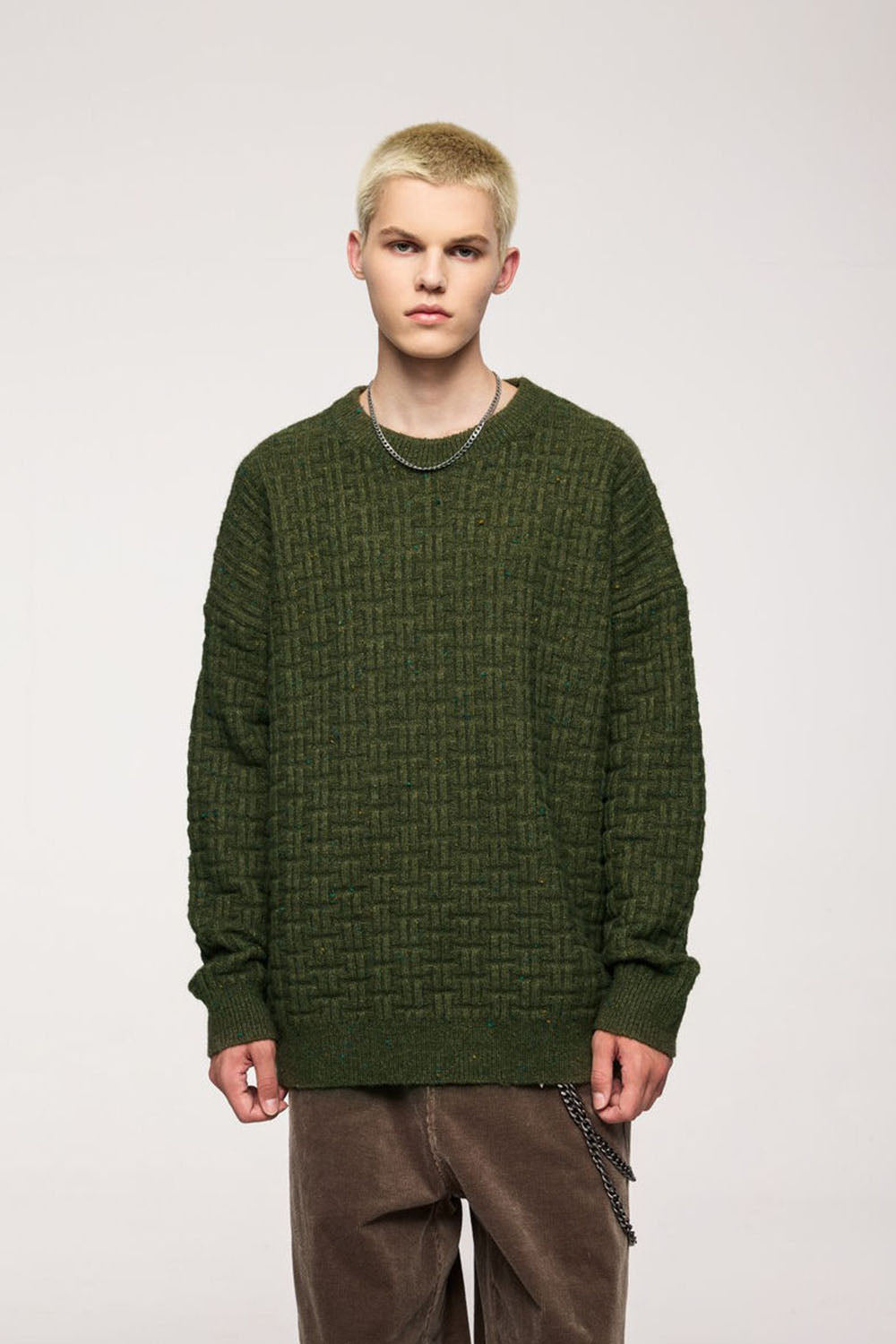 Waffle Grid Floral Yarn Sweater: Men's Loose Round Neck Soft Knit Top