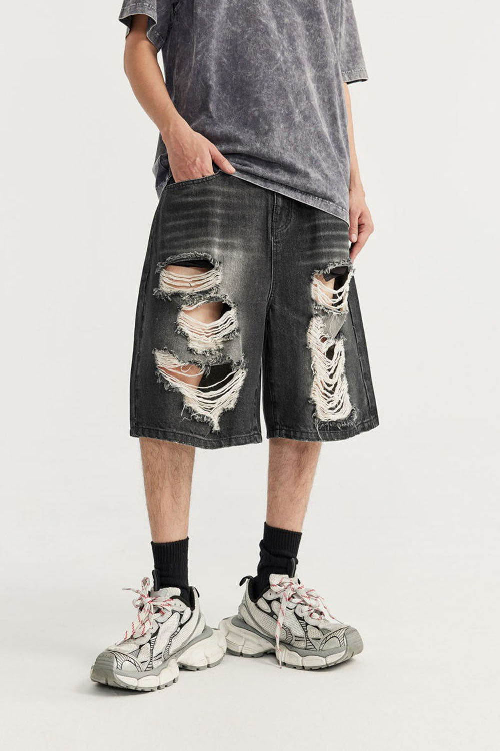 Hip-Hop Ripped Denim Capri Shorts: Street Style Distressed Jean Shorts for Men