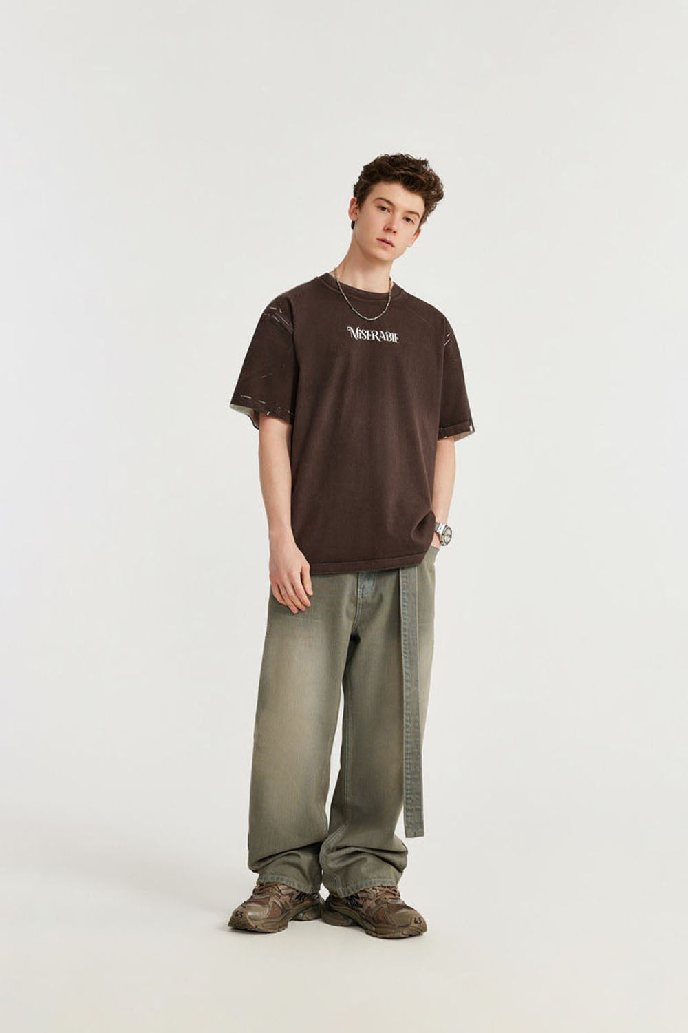 Vintage Wash Denim Pants with Belt: Loose Street-Style Trousers