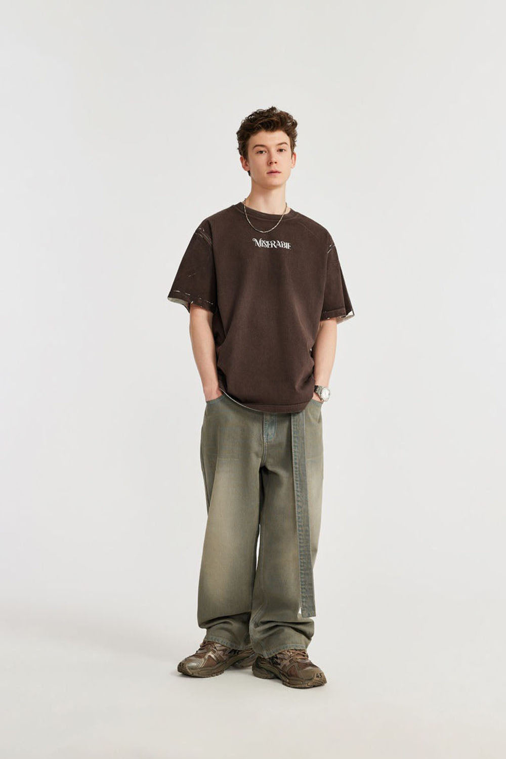 Vintage Wash Denim Pants with Belt: Loose Street-Style Trousers