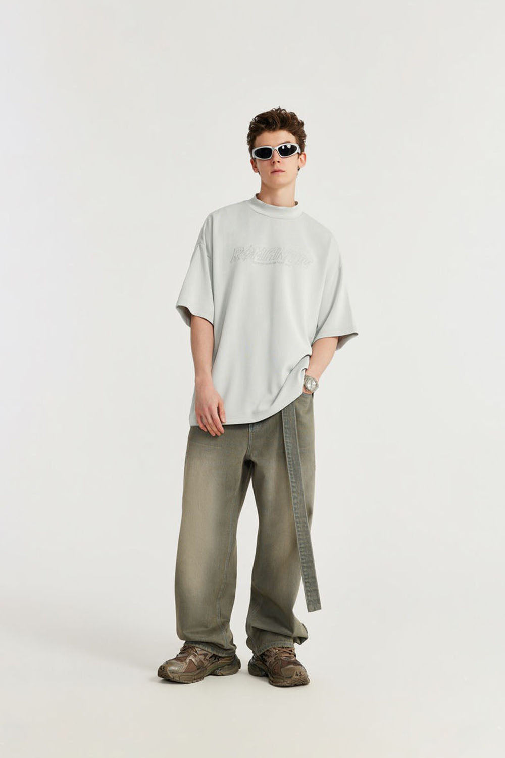 Vintage Wash Denim Pants with Belt: Loose Street-Style Trousers