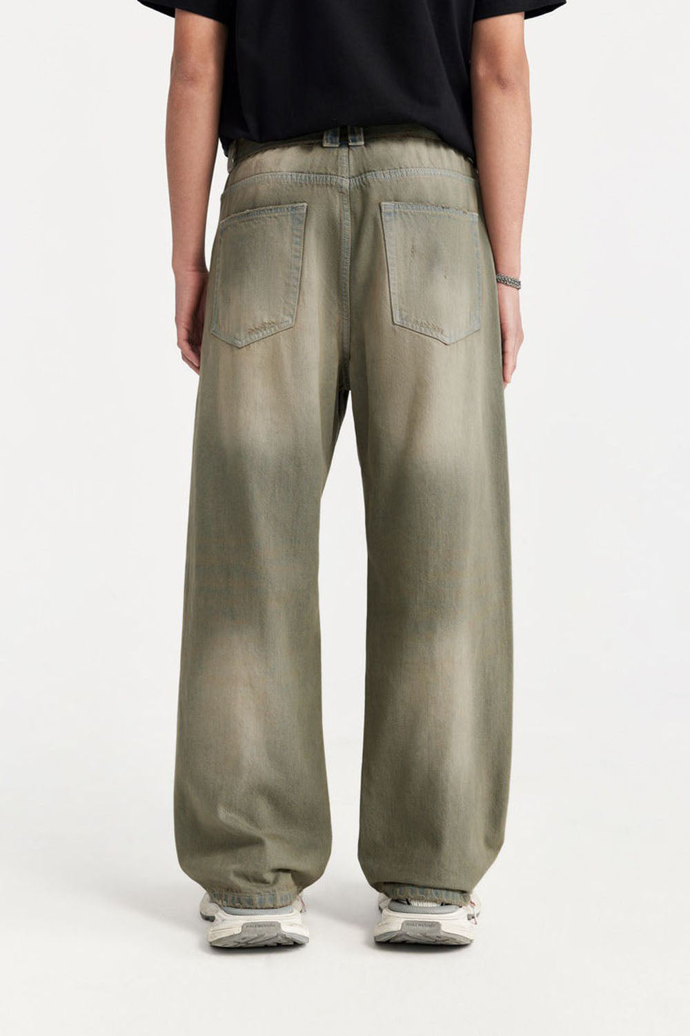 Vintage Wash Denim Pants with Belt: Loose Street-Style Trousers