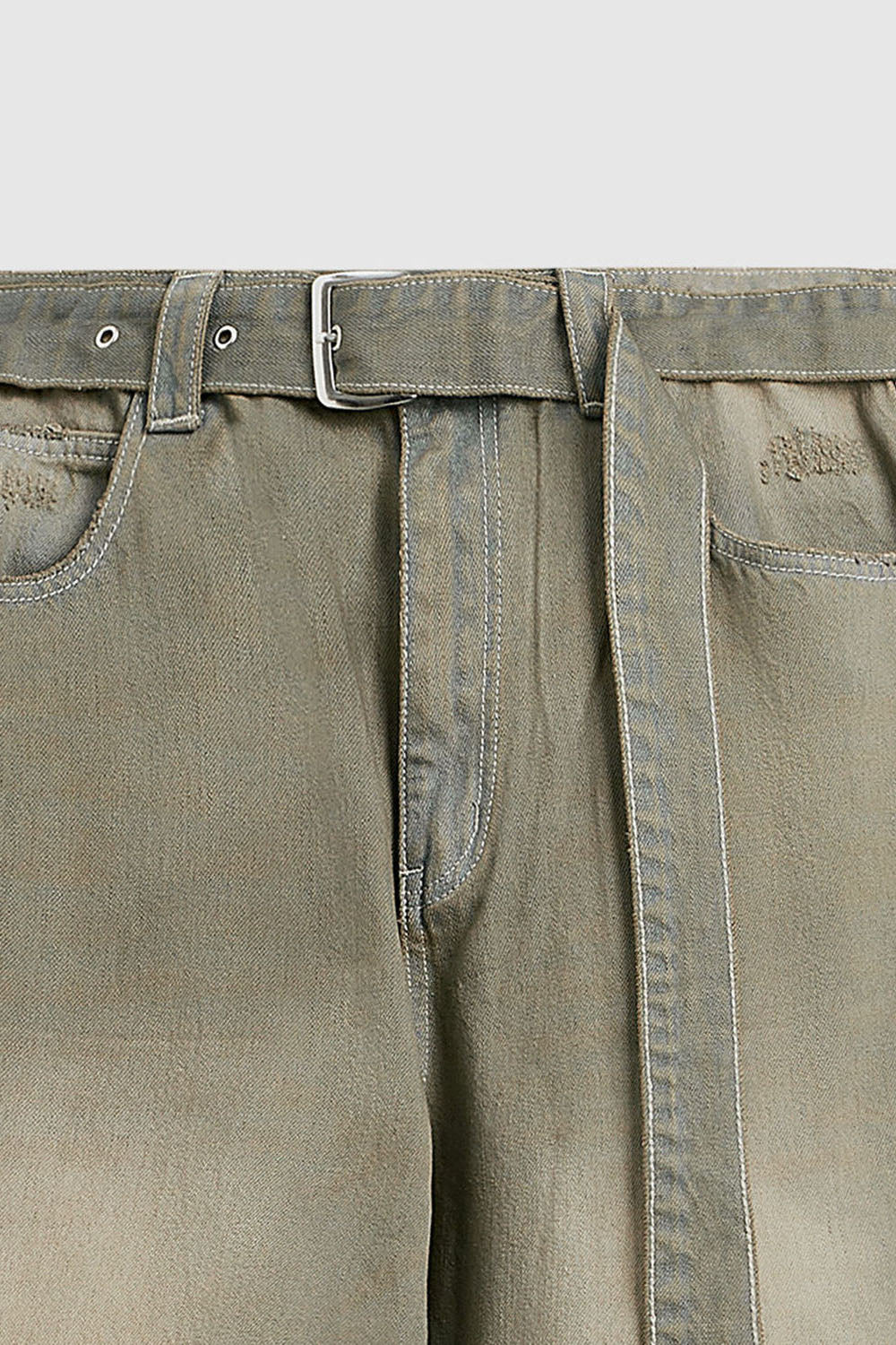 Vintage Wash Denim Pants with Belt: Loose Street-Style Trousers