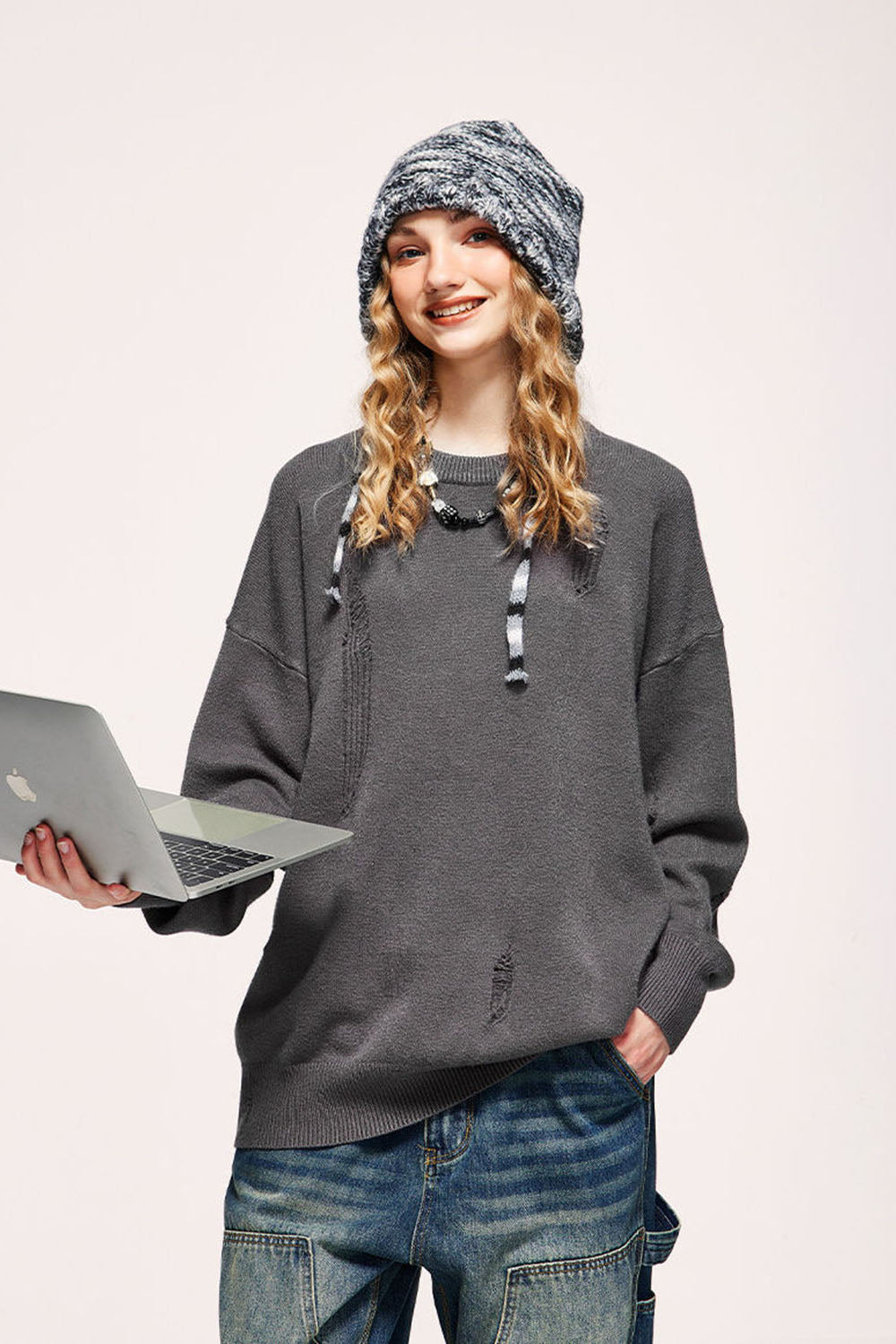 32-Count Core-Spun Yarn Lightweight Distressed Loose Sweater