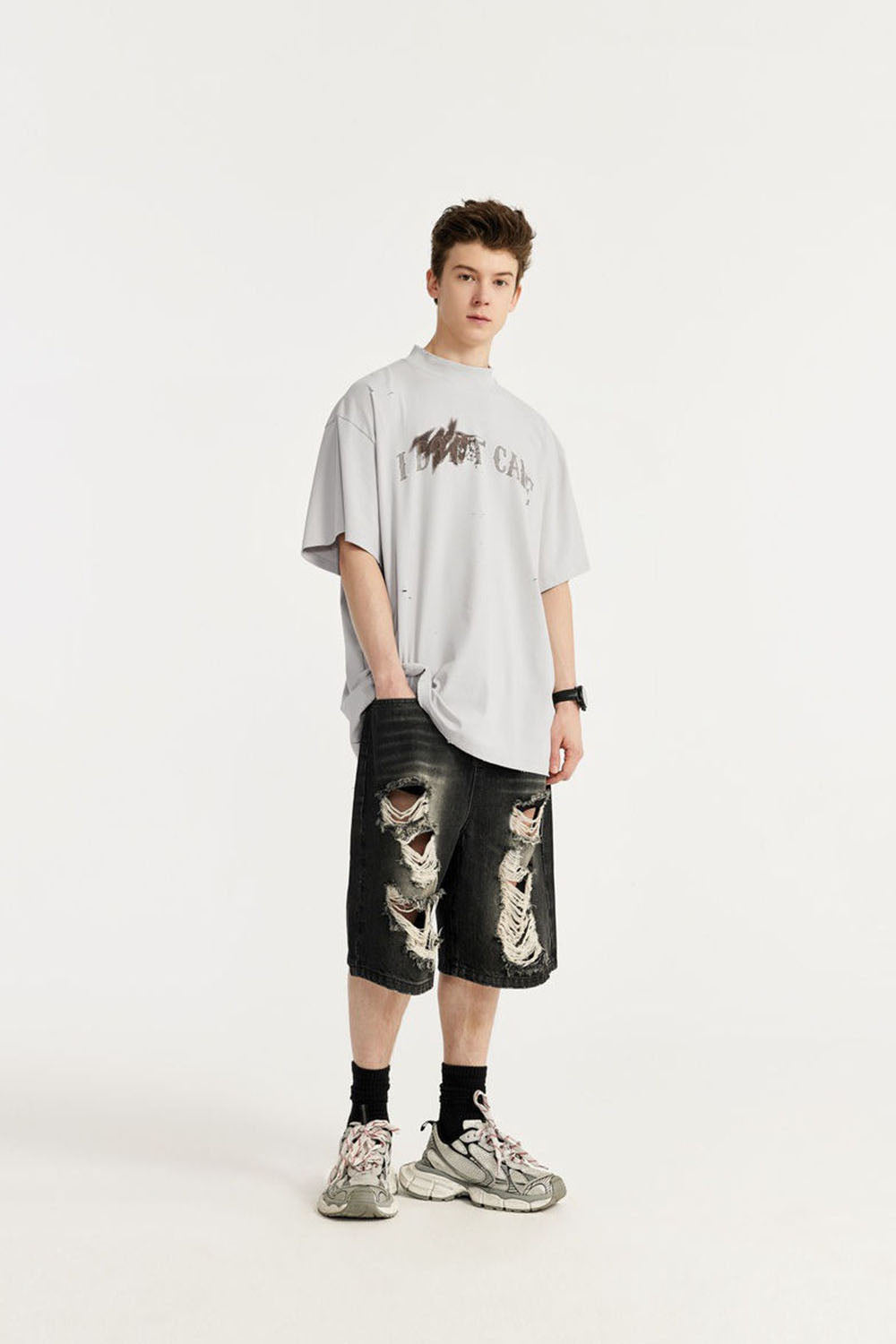 High Collar Cracked Hand-Painted Dirty Print Loose Short-Sleeve T-Shirt