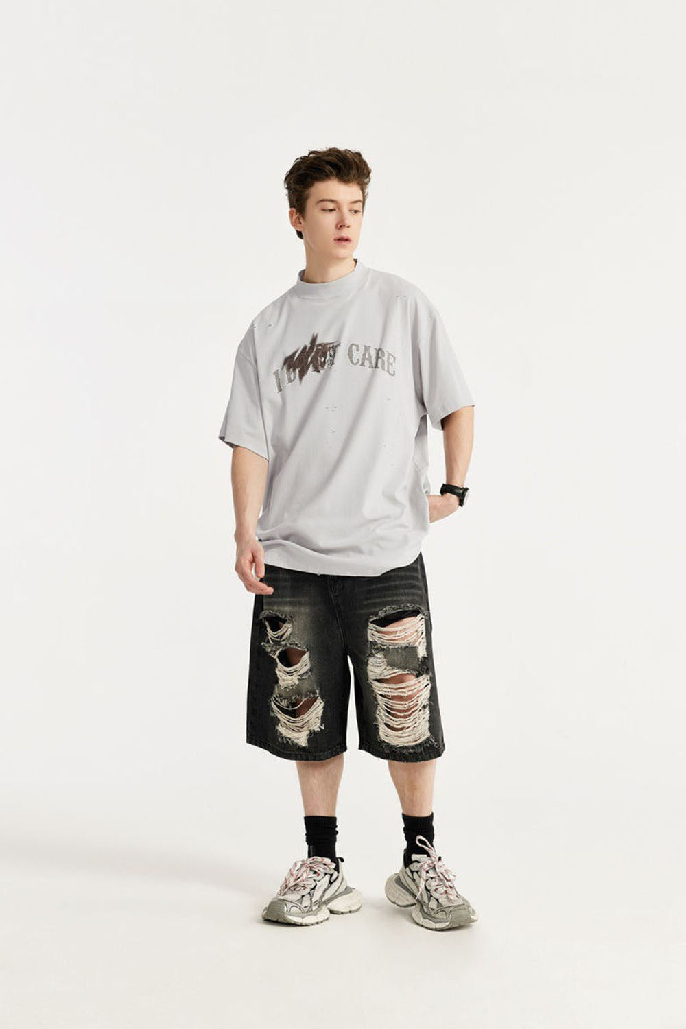 High Collar Cracked Hand-Painted Dirty Print Loose Short-Sleeve T-Shirt