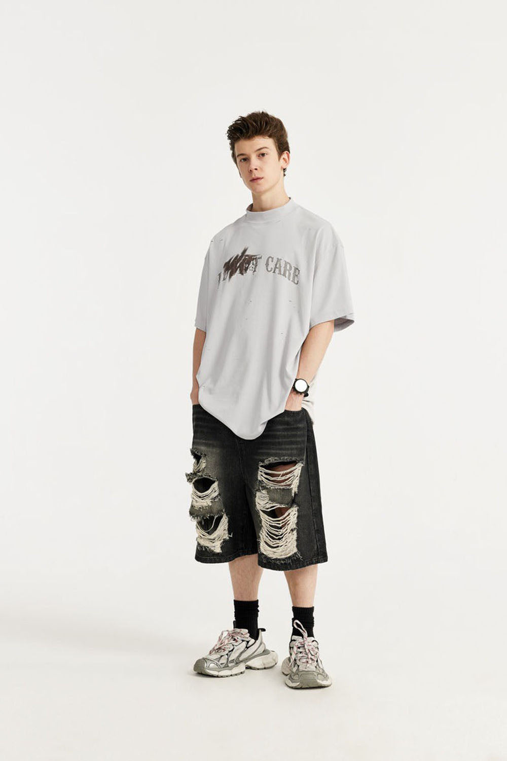 High Collar Cracked Hand-Painted Dirty Print Loose Short-Sleeve T-Shirt