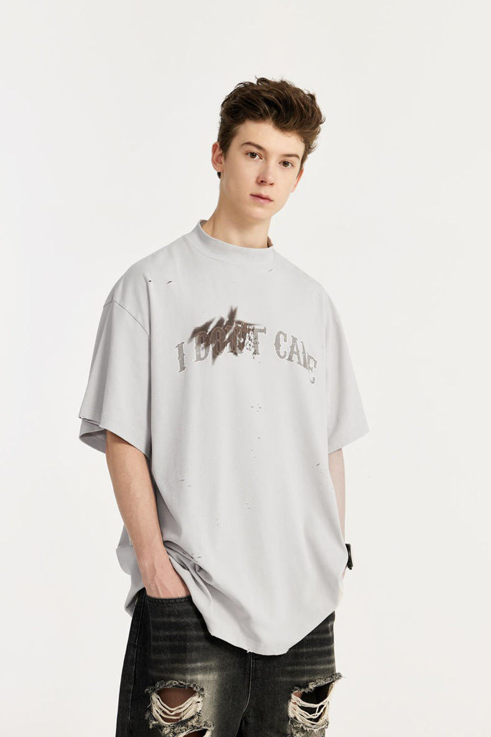 High Collar Cracked Hand-Painted Dirty Print Loose Short-Sleeve T-Shirt