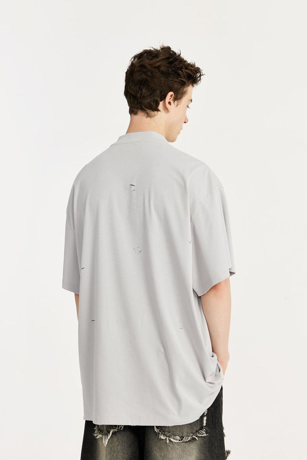 High Collar Cracked Hand-Painted Dirty Print Loose Short-Sleeve T-Shirt