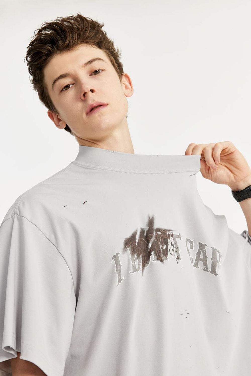 High Collar Cracked Hand-Painted Dirty Print Loose Short-Sleeve T-Shirt