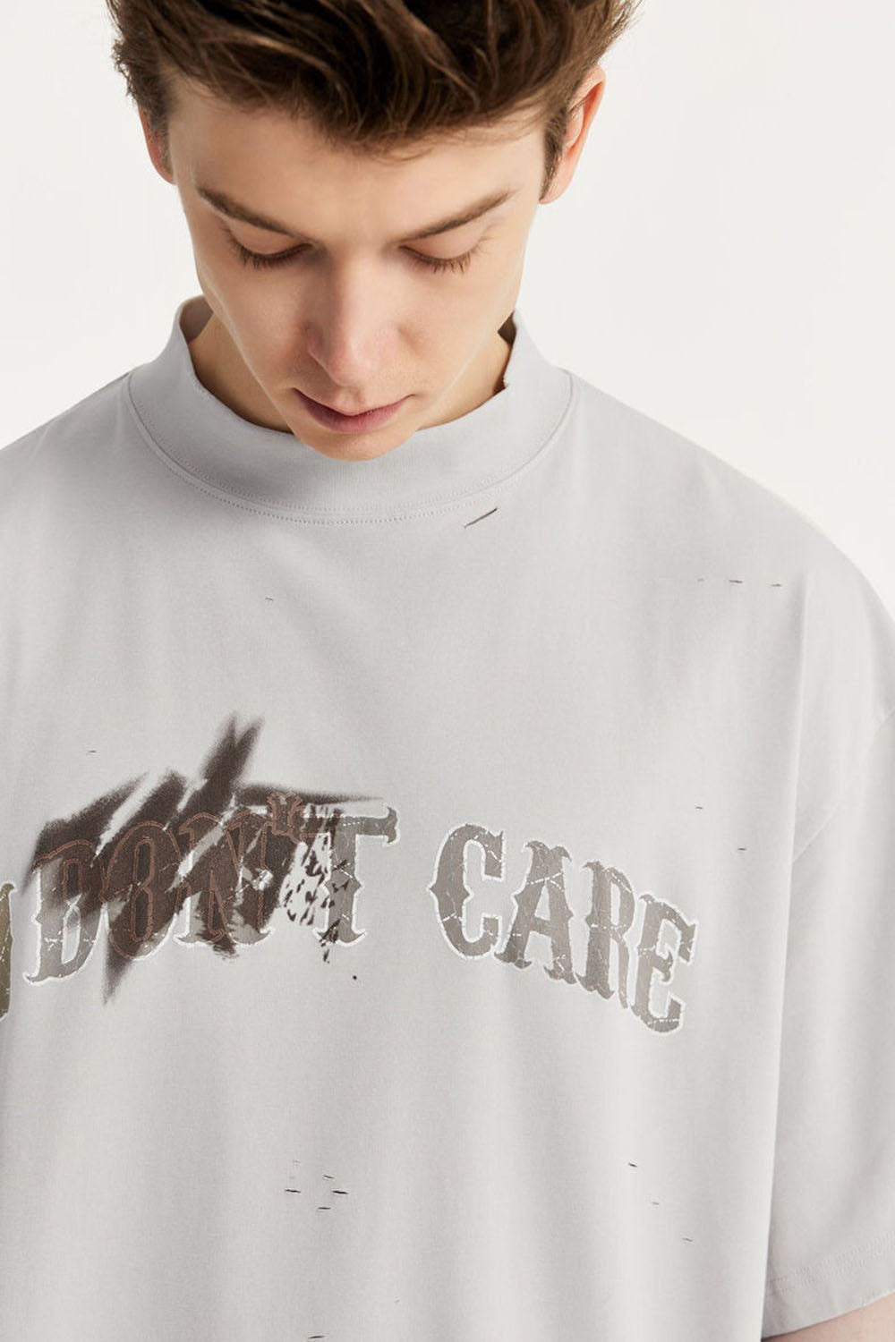 High Collar Cracked Hand-Painted Dirty Print Loose Short-Sleeve T-Shirt