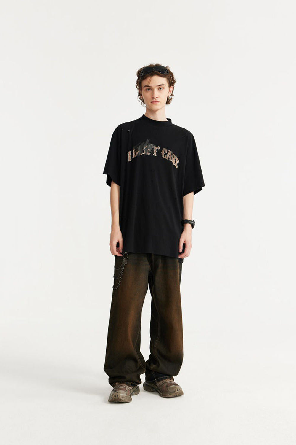 High Collar Cracked Hand-Painted Dirty Print Loose Short-Sleeve T-Shirt