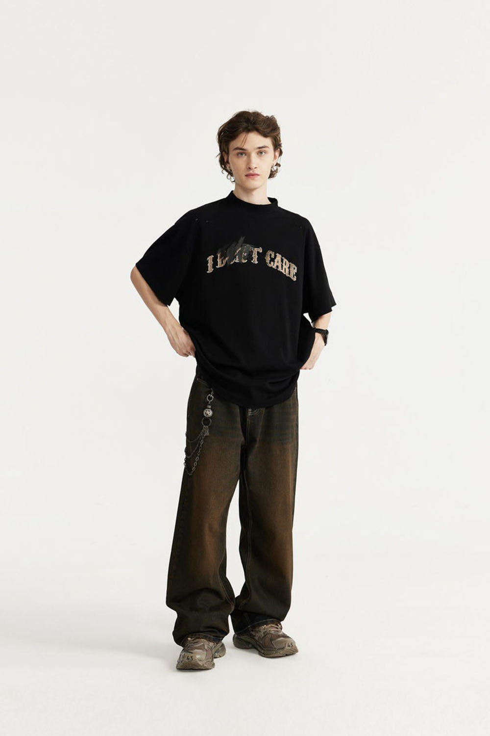 High Collar Cracked Hand-Painted Dirty Print Loose Short-Sleeve T-Shirt