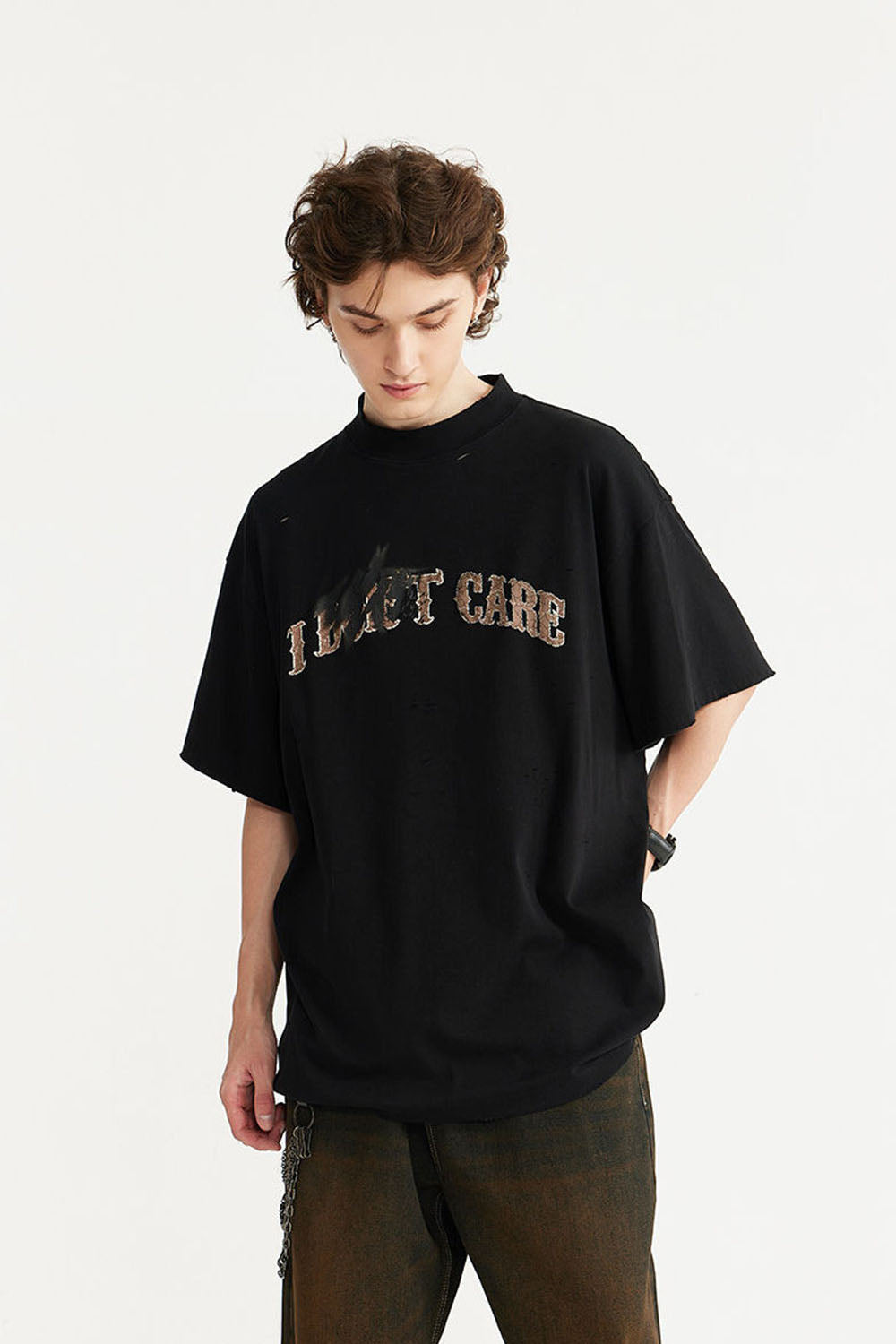 High Collar Cracked Hand-Painted Dirty Print Loose Short-Sleeve T-Shirt