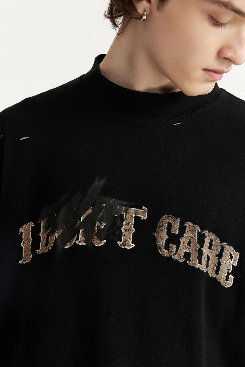 High Collar Cracked Hand-Painted Dirty Print Loose Short-Sleeve T-Shirt