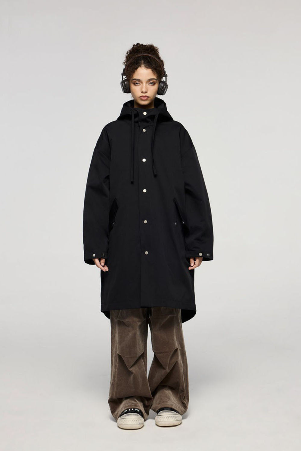 Elastic Utility Fishtail Parka Coat: Mid-Length Loose Hooded Trench Casual Long Jacket