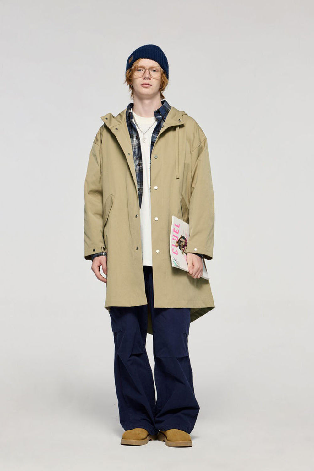 Elastic Utility Fishtail Parka Coat: Mid-Length Loose Hooded Trench Casual Long Jacket
