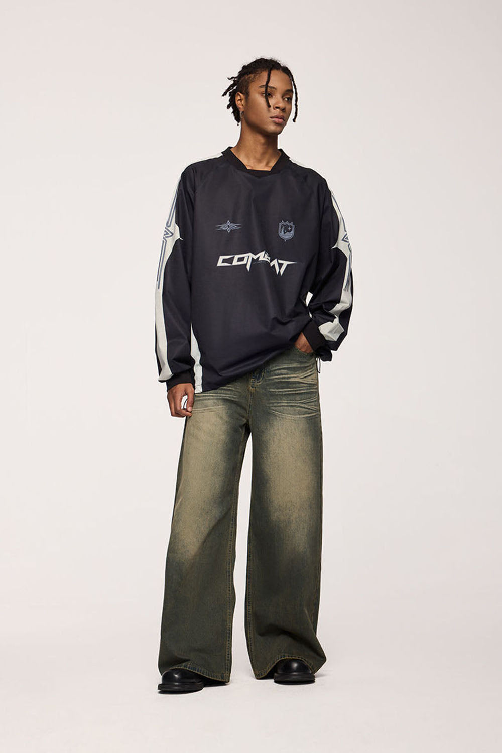 Vintage Washed Floor-Length Wide Jeans: Streetwear Distressed Denim