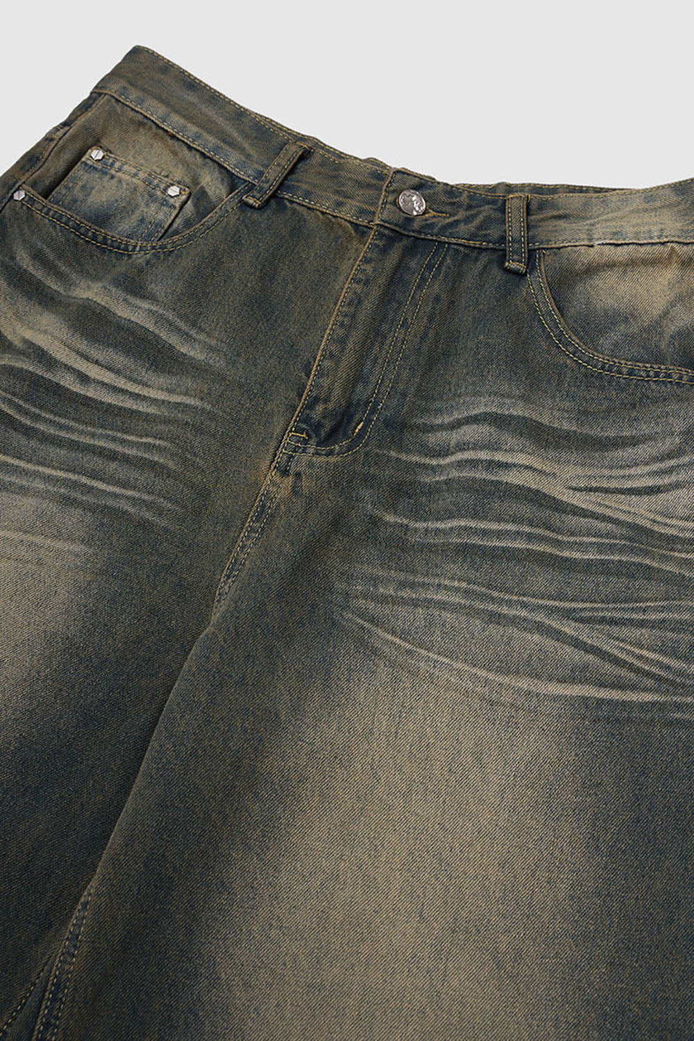Vintage Washed Floor-Length Wide Jeans: Streetwear Distressed Denim