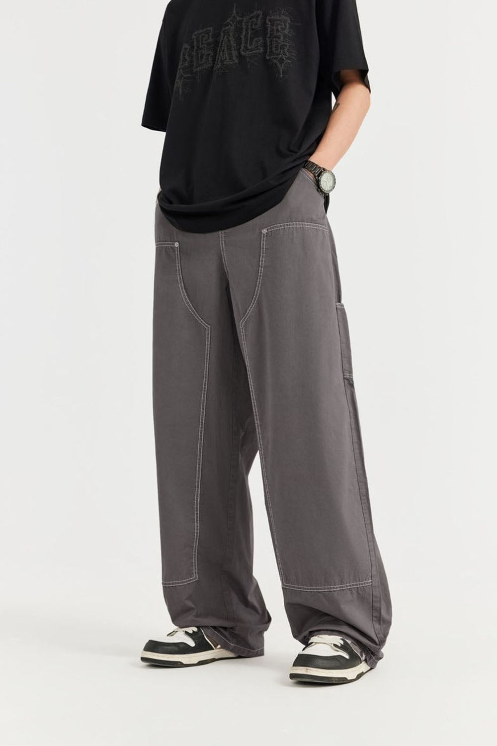 Garment-Washed Logger Pants: Loose Wide-Leg Utility Trousers