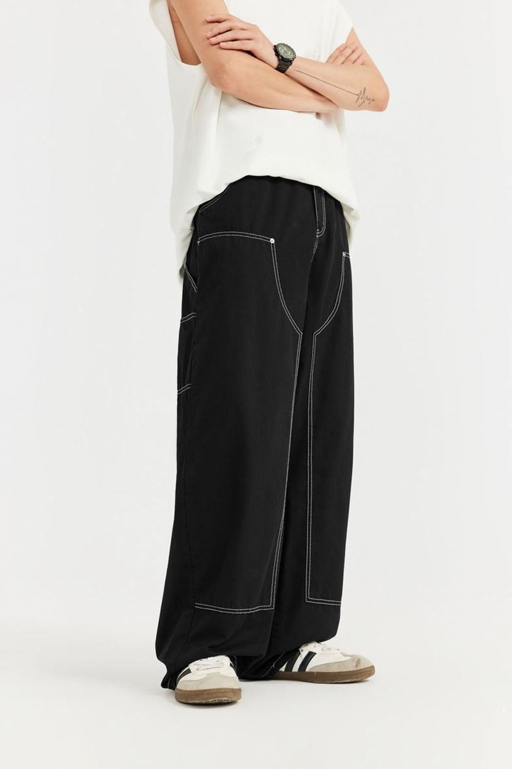 Garment-Washed Logger Pants: Loose Wide-Leg Utility Trousers