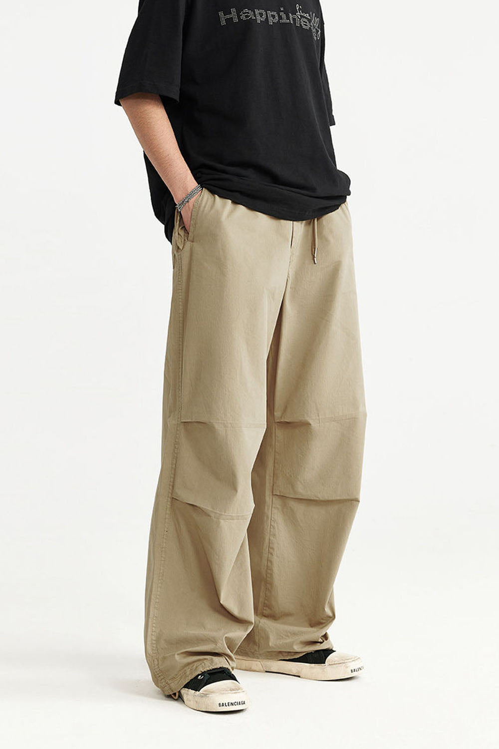 Garment-Washed Wide-Leg Paratrooper Pants with Large Pockets: Utility Long Trousers