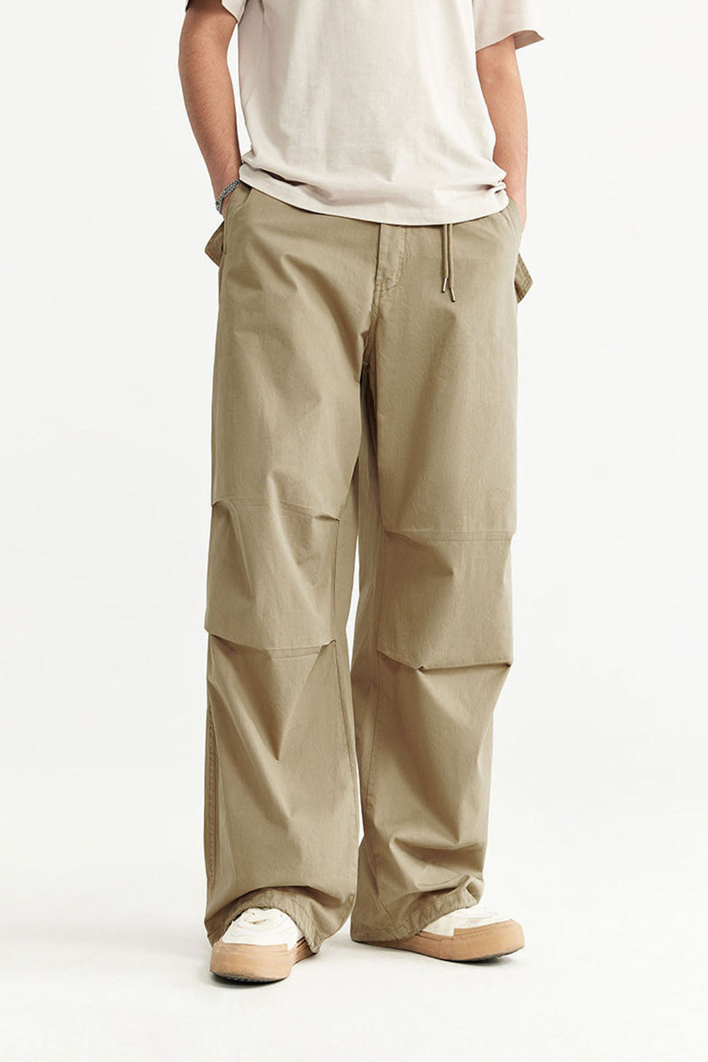 Garment-Washed Wide-Leg Paratrooper Pants with Large Pockets: Utility Long Trousers