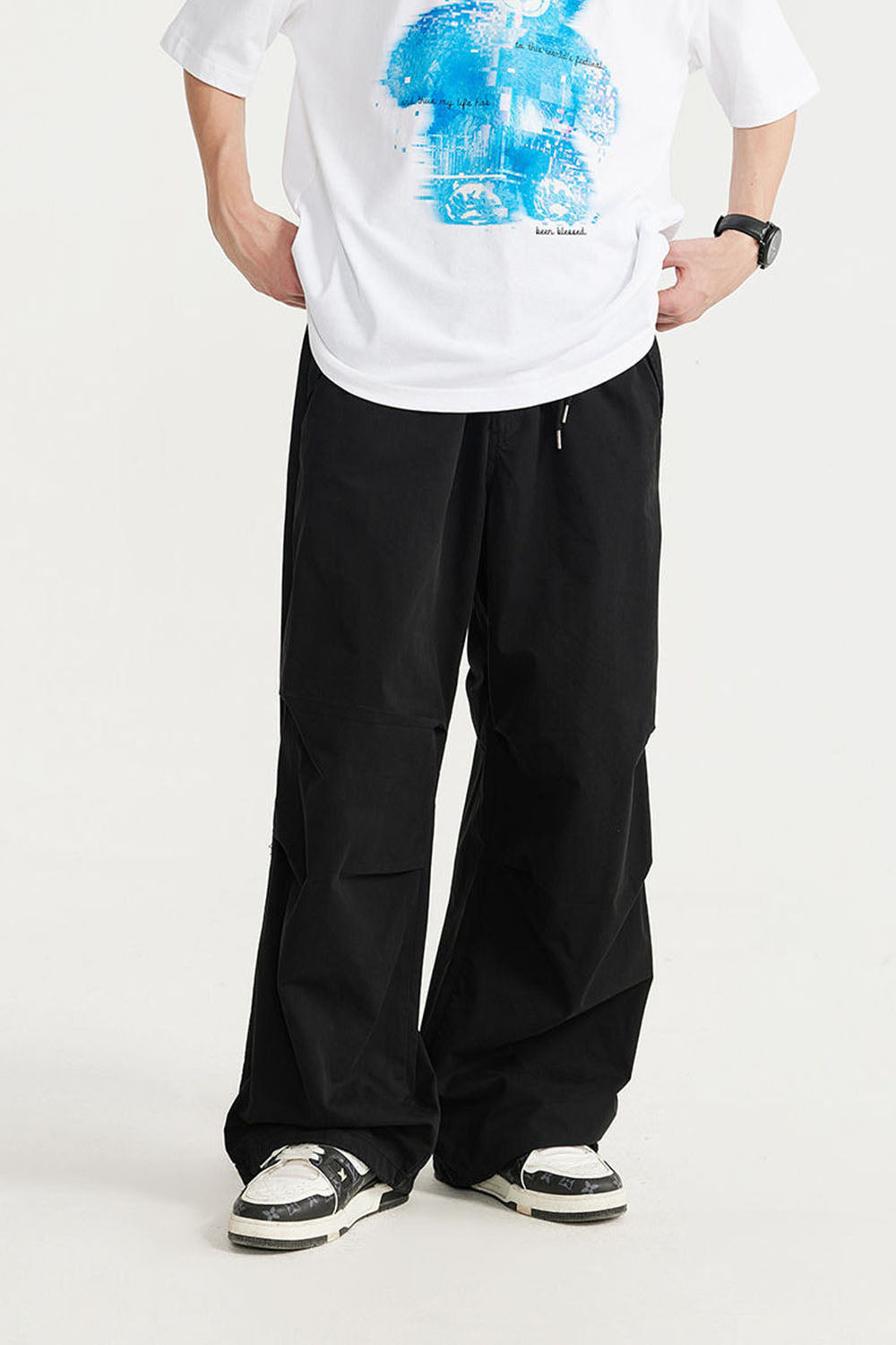 Garment-Washed Wide-Leg Paratrooper Pants with Large Pockets: Utility Long Trousers