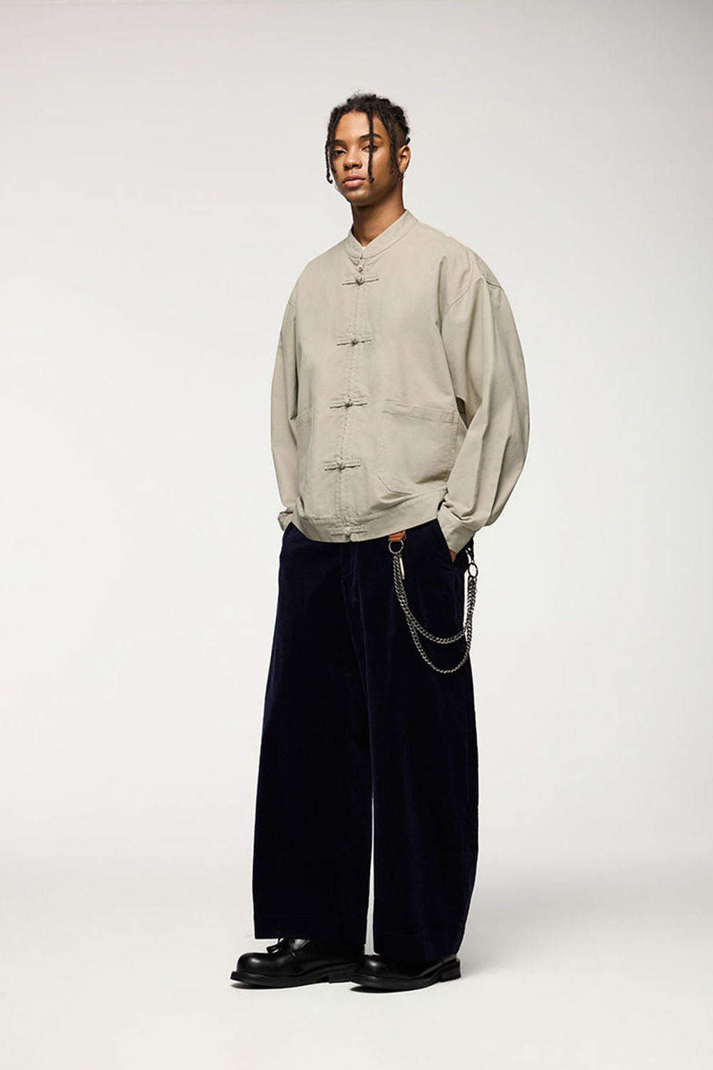 Thick Twill Utility Zip Jacket with Frog-Button Details for Men