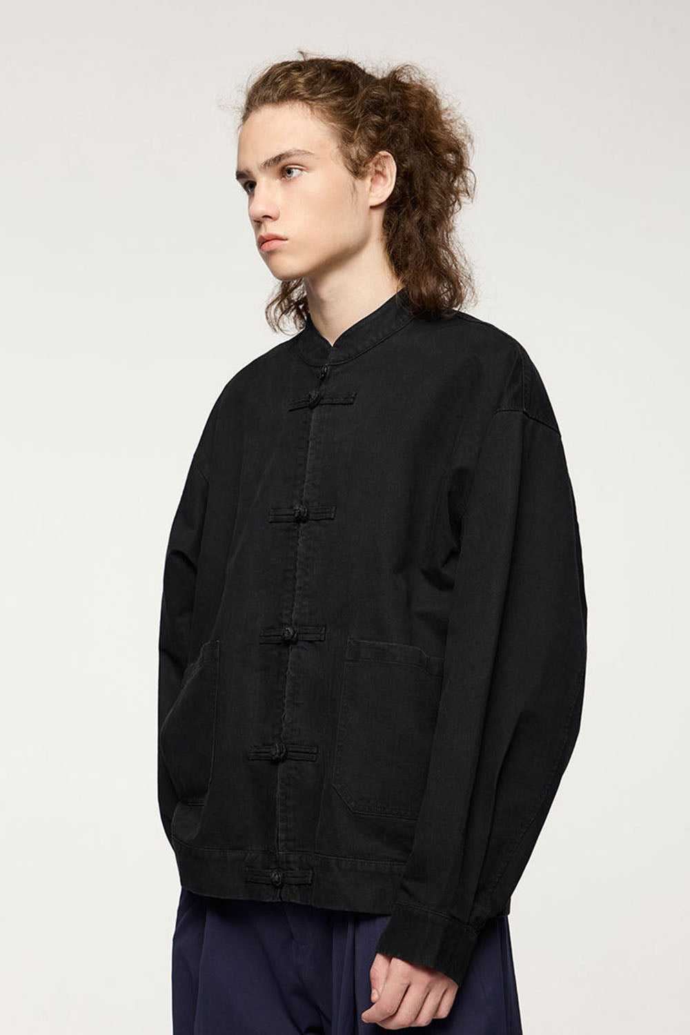 Thick Twill Utility Zip Jacket with Frog-Button Details for Men