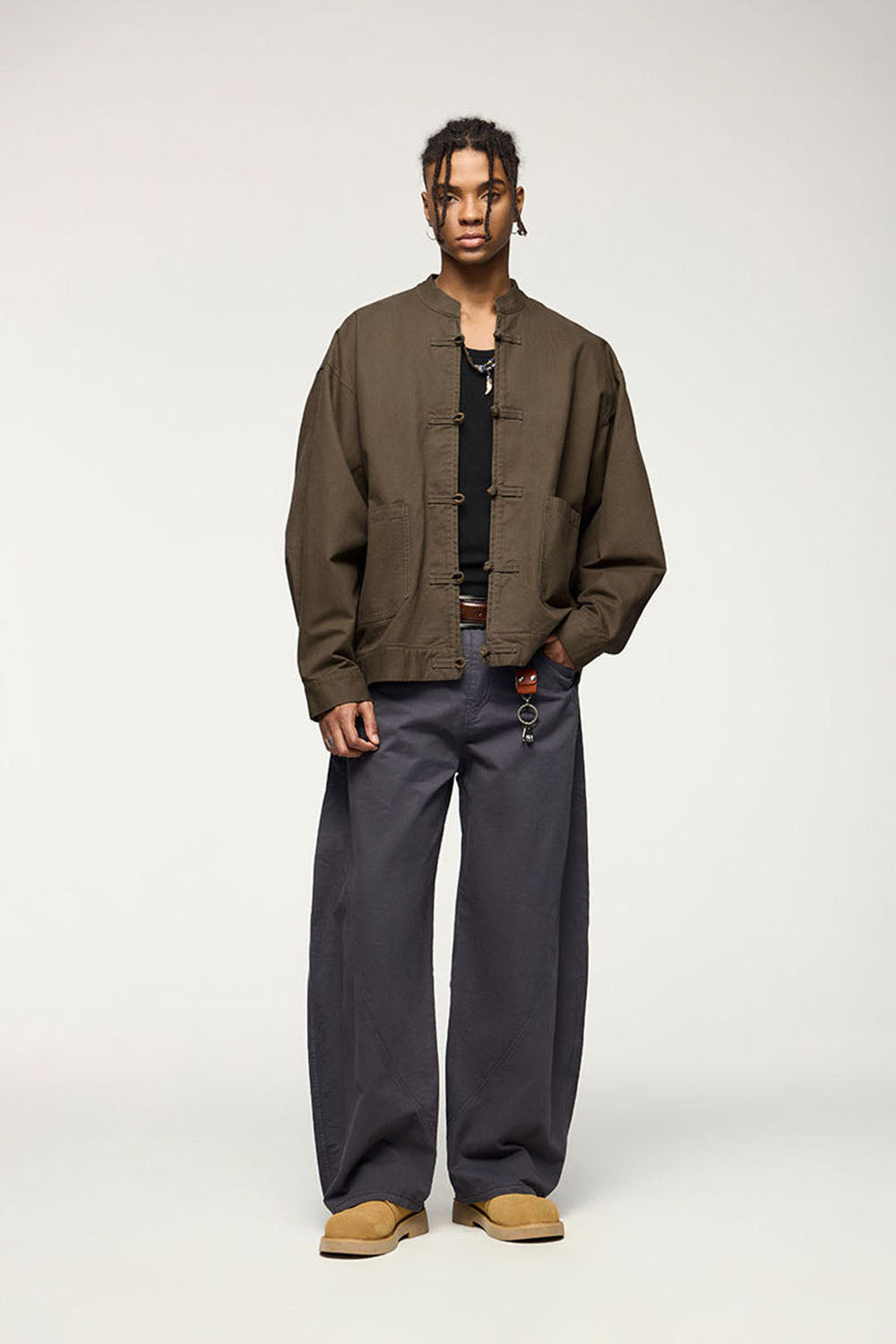 Thick Twill Utility Zip Jacket with Frog-Button Details for Men
